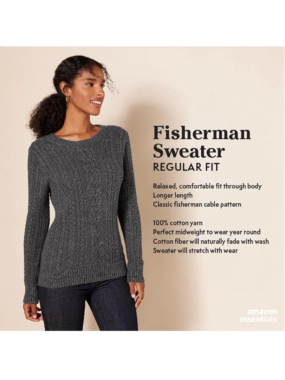 Amazon Essentials Cotton Cableknit Crewneck Sweater Ribbed Fisherman Style XXL